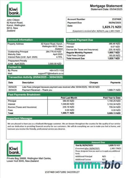 Nowa Zelandia Kiwibank wyciąg z kredytu hipotecznego szablon Word i PDF
